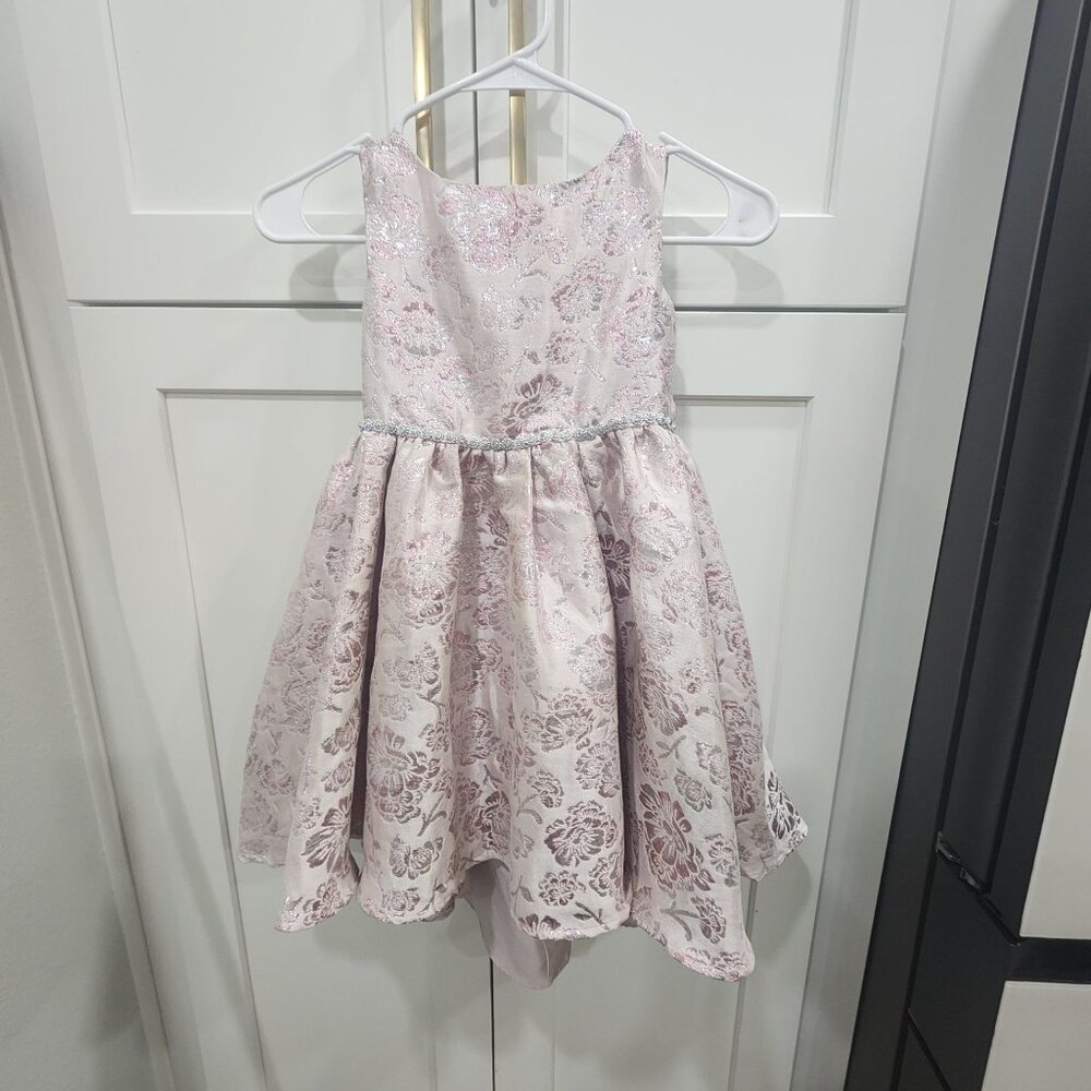 Peppa & Julie Girls Pink Floral Jacquard Party Dress With Glitter Accents Sleeve